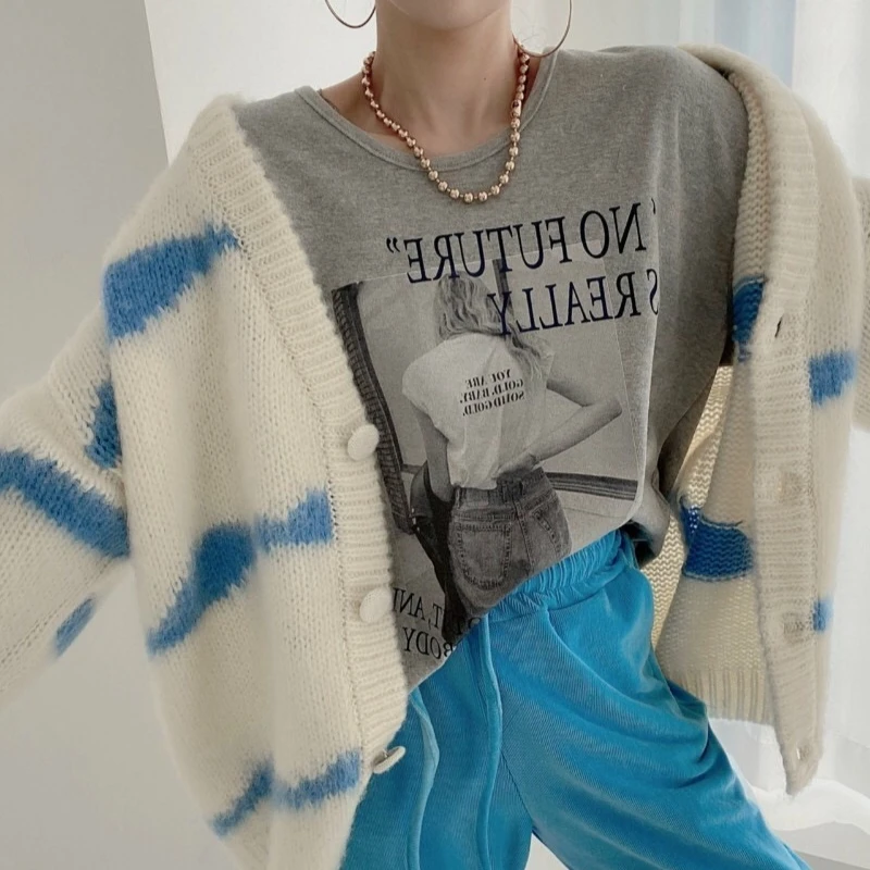 الخريف والشتاء موضة جديدة الخامس الرقبة المرأة سترة بأكمام طويلة فضفاضة وأنيقة مخطط المتناقضة تريكو مكتب #6