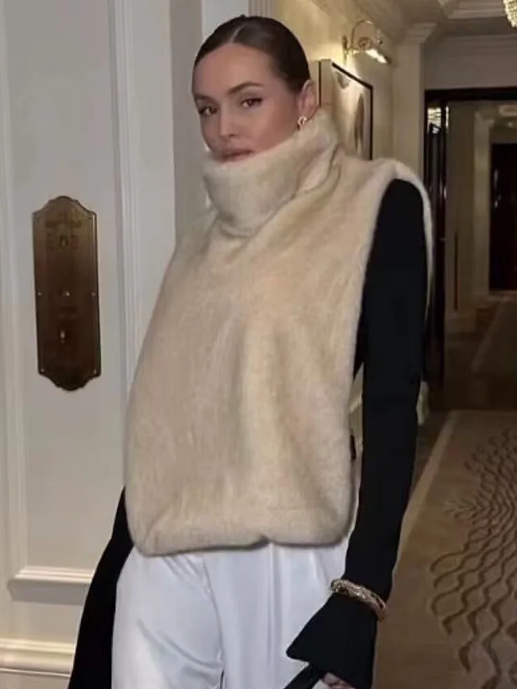 HH النساء شتاء دافئ عادية عالية الرقبة سترة دون أكمام الرجعية فو الفراء تأثير شال قصير المرأة موضة 3-Color الصلبة شال