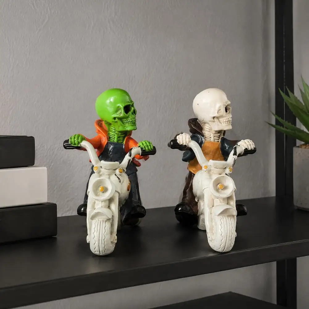 Wear Resistant Resin Craft Halloween Skeleton Motorcycle Figurine Spooky Resin Statue Biker Skull Decor for Home Garden Desk