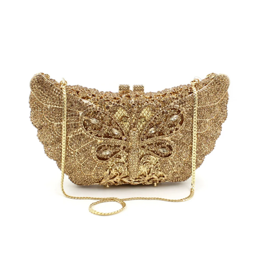 Metal crystal dinner bag, foreign trade diamond-encrusted clutch bag, butterfly diamond bag.