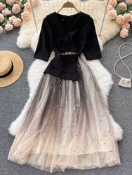 Women Vintage Mesh Patchwork Dress Spring Summer Gauze Elegant Party Dresses Ladies High Waist A Line Half Sleeve Long Robe