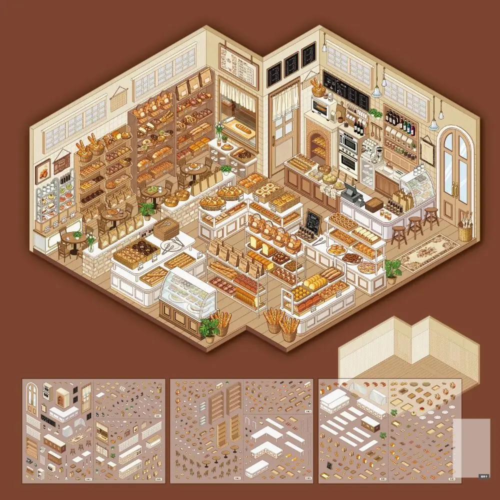 Creative Bread Shop Series Miniature Landscape Sticker PET DIY Cabin Scene Sticker Gift Cartoon Game Stickers
