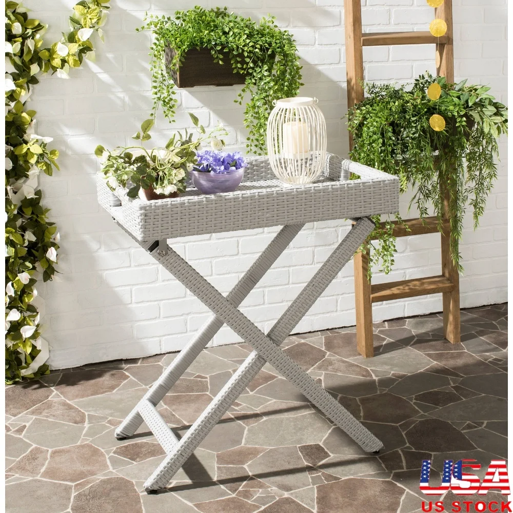 

Outdoor Folding Tray Table Rattan Wicker Chic Design Indoor Outdoor Use 300lbs Weight Capacity Easy Assembly