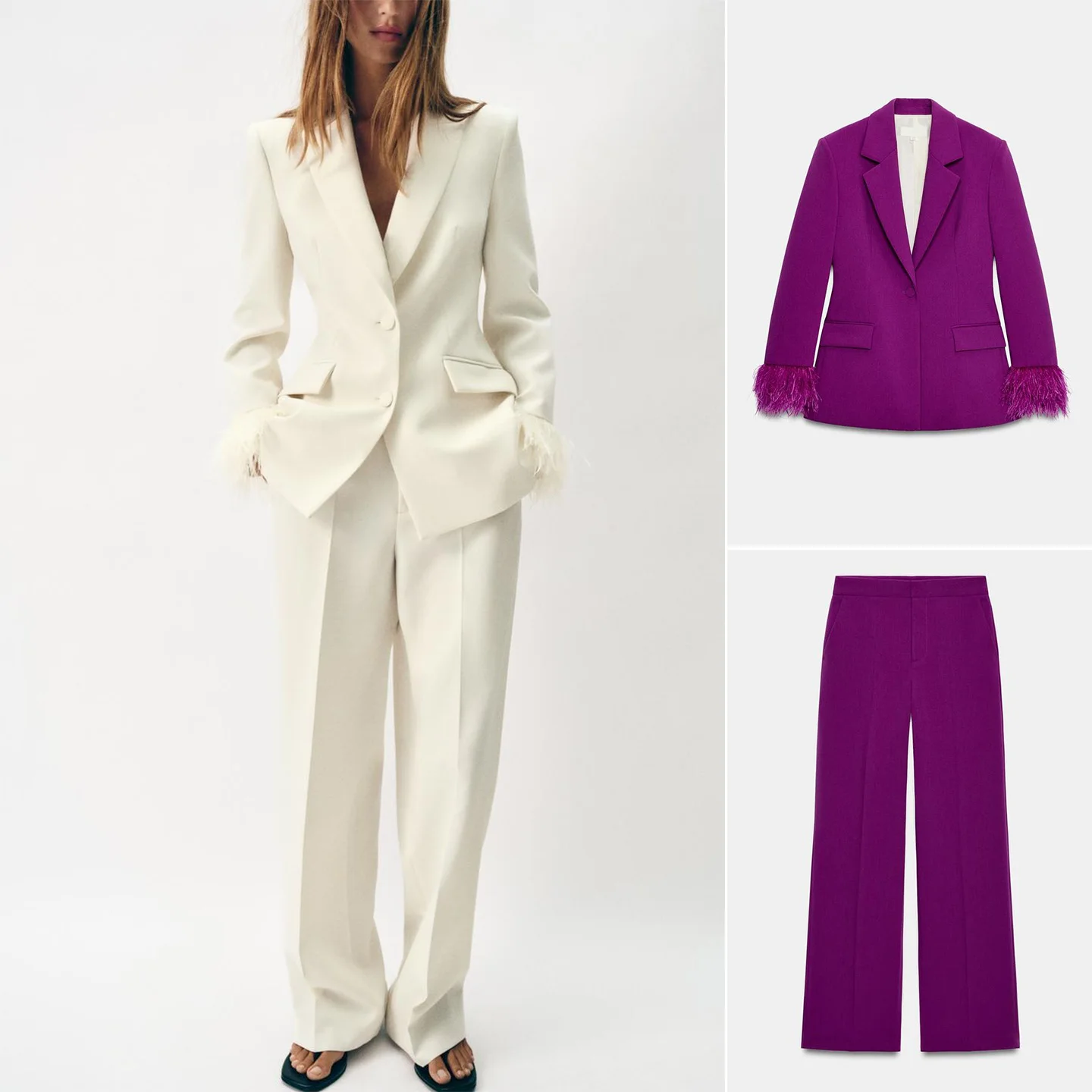 

Shoulder Pad Suit Jacket Straight Leg Pants High Waist Long Sleeve Summer Fashion Set Women's Long Pants with Fringe Detail