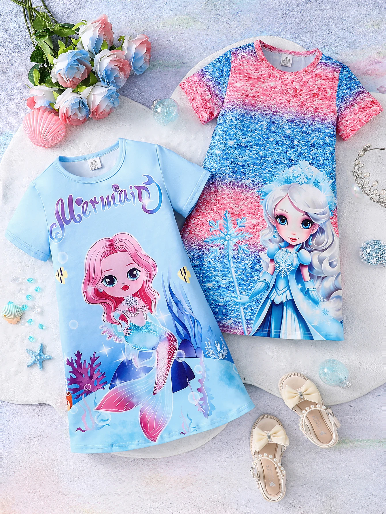 Paquete de 2 vestidos de verano sencillos y modernos para niñas, vestido de longitud media con estampado de sirena de dibujos animados y estampado de princesa, manga con volantes, cuello redondo, ropa suave, cómoda y juvenil para niñas, ropa infantil tran