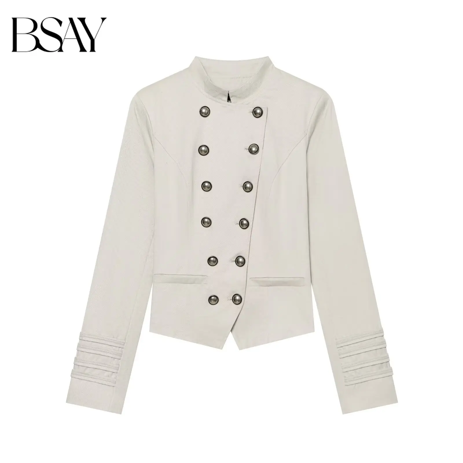 BSAY Vintage Damen-Jacke im Napoleon-Militärstil, Stehkragen, zweireihig, Metallknöpfe, schmal geschnittene, langärmlige Oberbekleidung