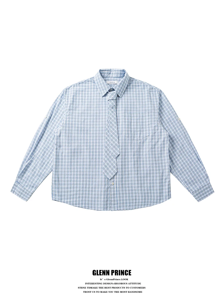 

Синяя клетчатая рубашка с длинным рукавом для мужчин GPstudio Lectual Tie Commuter Inner Wear, японский стиль, смесь полиэстера и хлопка