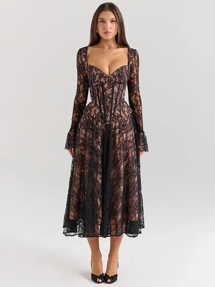 

Lace Backless Pleated Sexy Maxi Dress Women Gown Elegant Mesh Long Sleeve Square Collar High Waist Club Party Dress