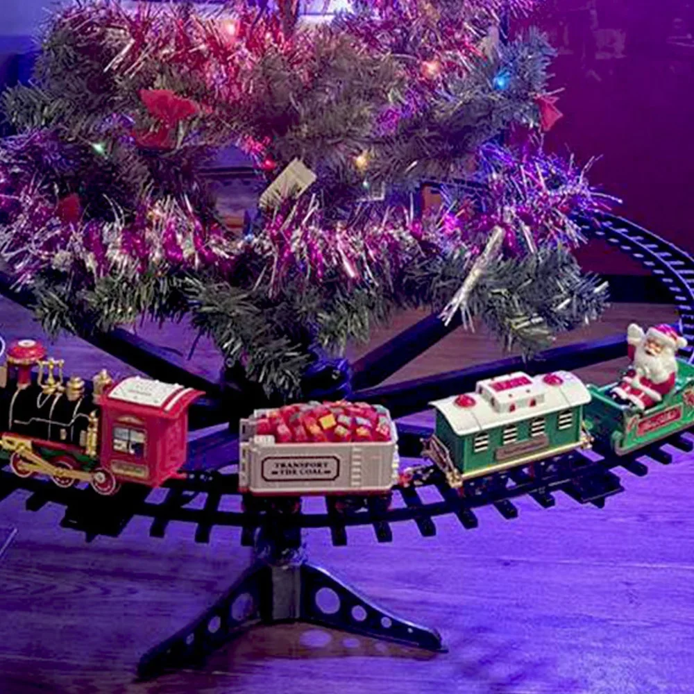 Tren de Navidad eléctrico de juguete, decoración de árbol de Navidad, marco de pista de tren, coche de ferrocarril con sonido y riel ligero, regalos