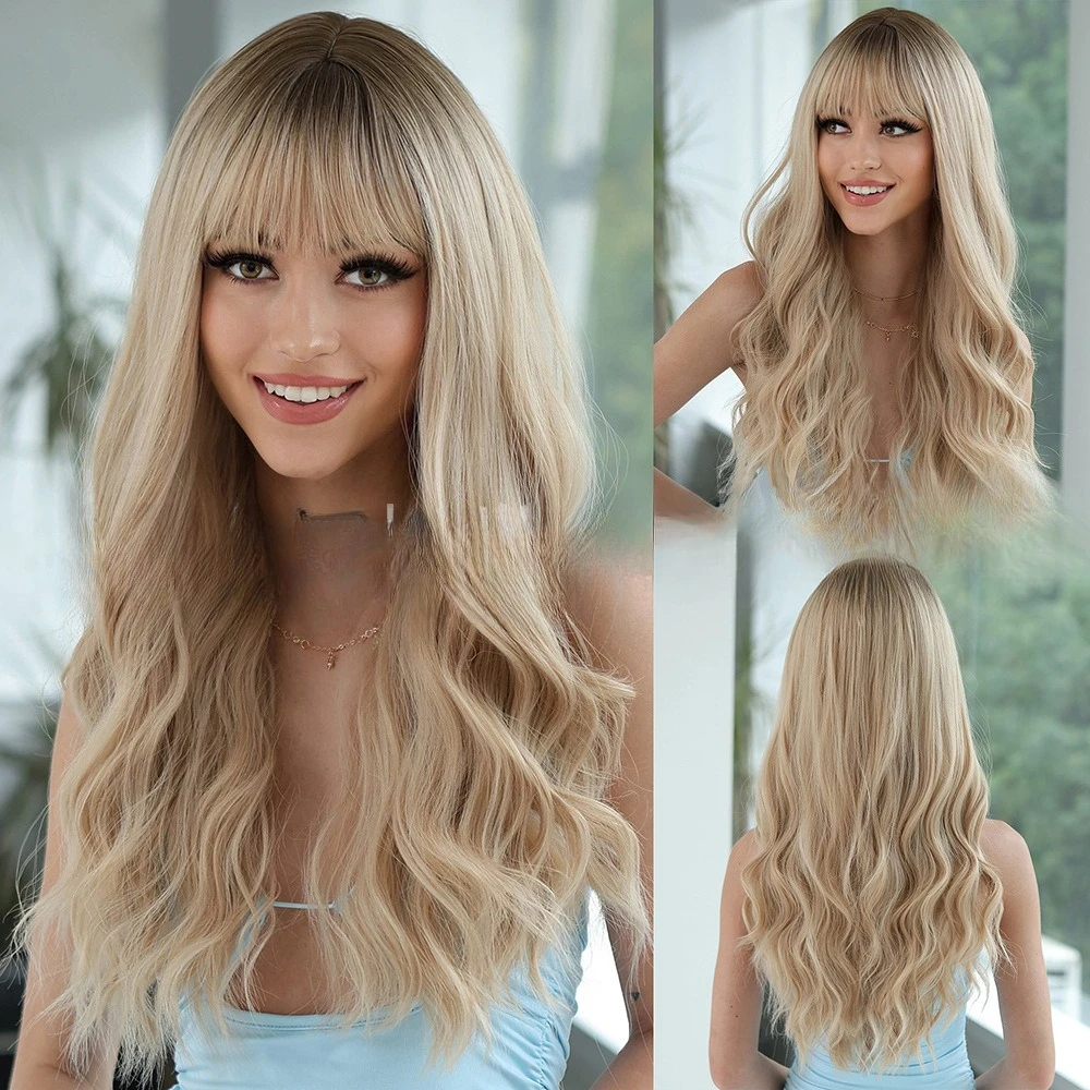 

Парик девушка Ци челка вьющиеся волосы полное покрытие головы натуральный блондин европейский и американский парик длинные волосы новое лицо