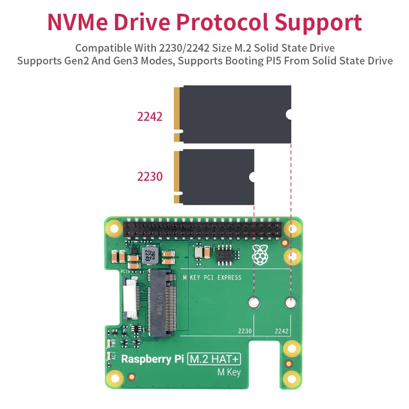 Raspberry Pi M.2 HAT + PCIe Para M.2 HAT Adaptador, Protocolo NVMe, Suporte de Unidade de Estado Sólido, Refrigerador Ativo para RPi 5, Oficial