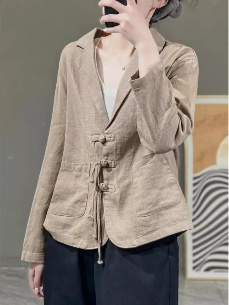 Commuting Minimalist Small Suit Top Loose Cotton Linen Jacket 2024 Spring Summer Women Casual Blazer Coat L27