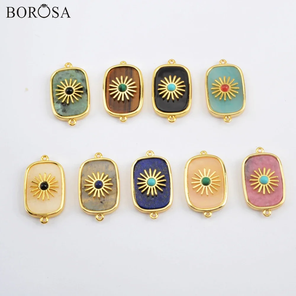 

BOROSA Bohemia Natural Stones Necklace Pendant with Golden Color Sun Rectangle Gems Stones Connector for Bracelets Making WX1624