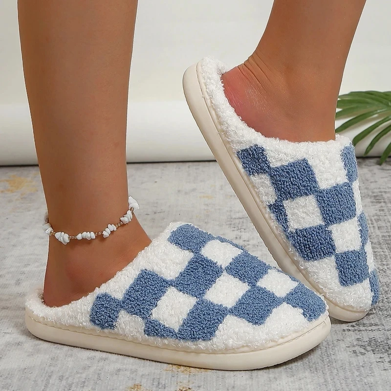 Cute Green White Checkered Furry Fur Slippers Women Winter Warm Plush House Slippers Man Comfy Fulffy Slides Indoor Home Shoes