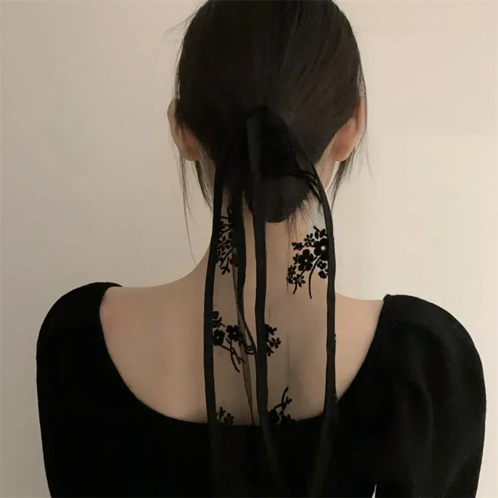Fashion Y2k Flower Lace Neck Strap Sweet Dressing Decoration Hair Band Neckerchief Transparent Long Ribbon Head Scarf