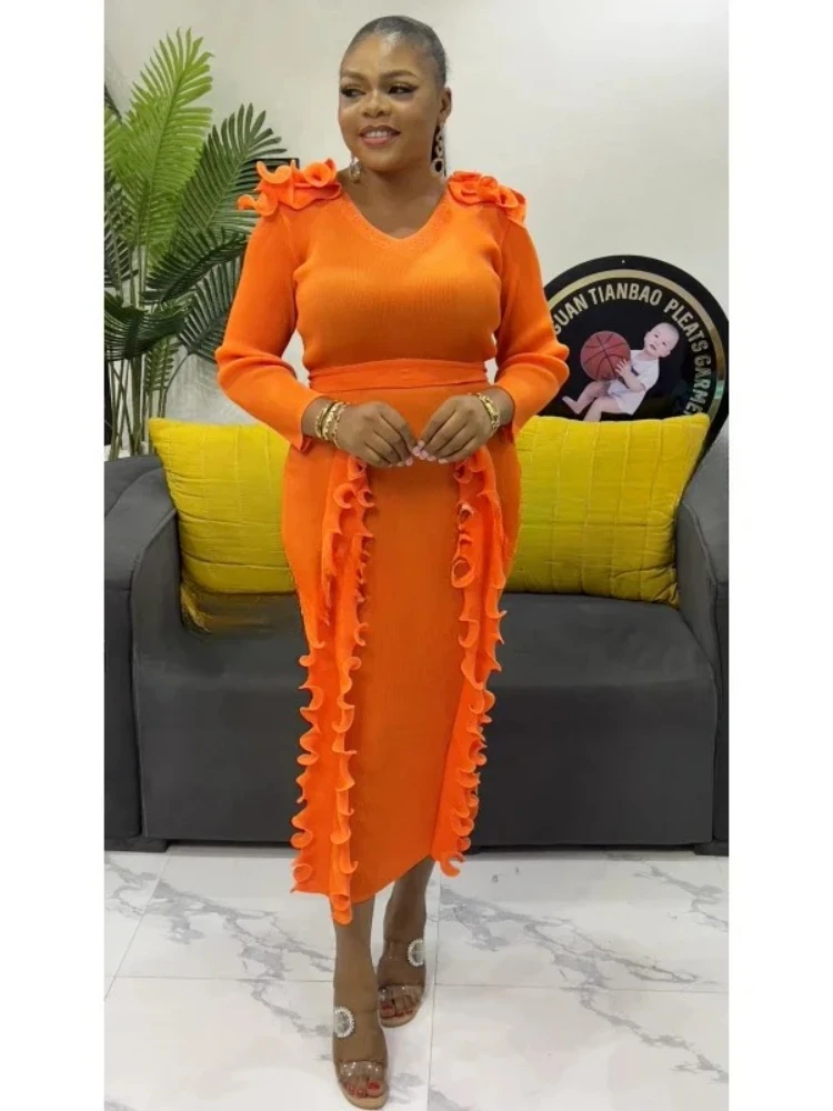 

Pleats New Solid Color Dense Edge V-neck Dress Fashionable Lace-up Loose Elegant Arm Medium Length Dress Women's Clothing 2025