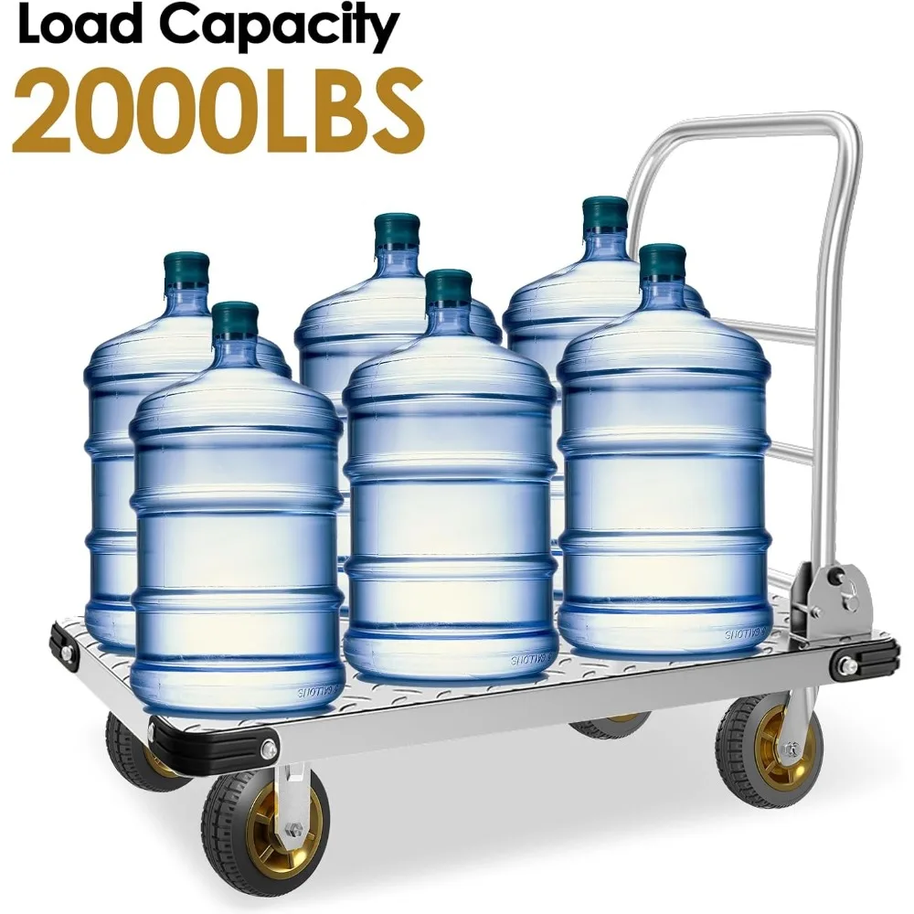 عربة دفع شديدة التحمل مع سعة 2000 رطل، عربة مسطحة متحركة قابلة للطي مع عجلات دوارة مقاس 6 بوصات من الفولاذ الكبير