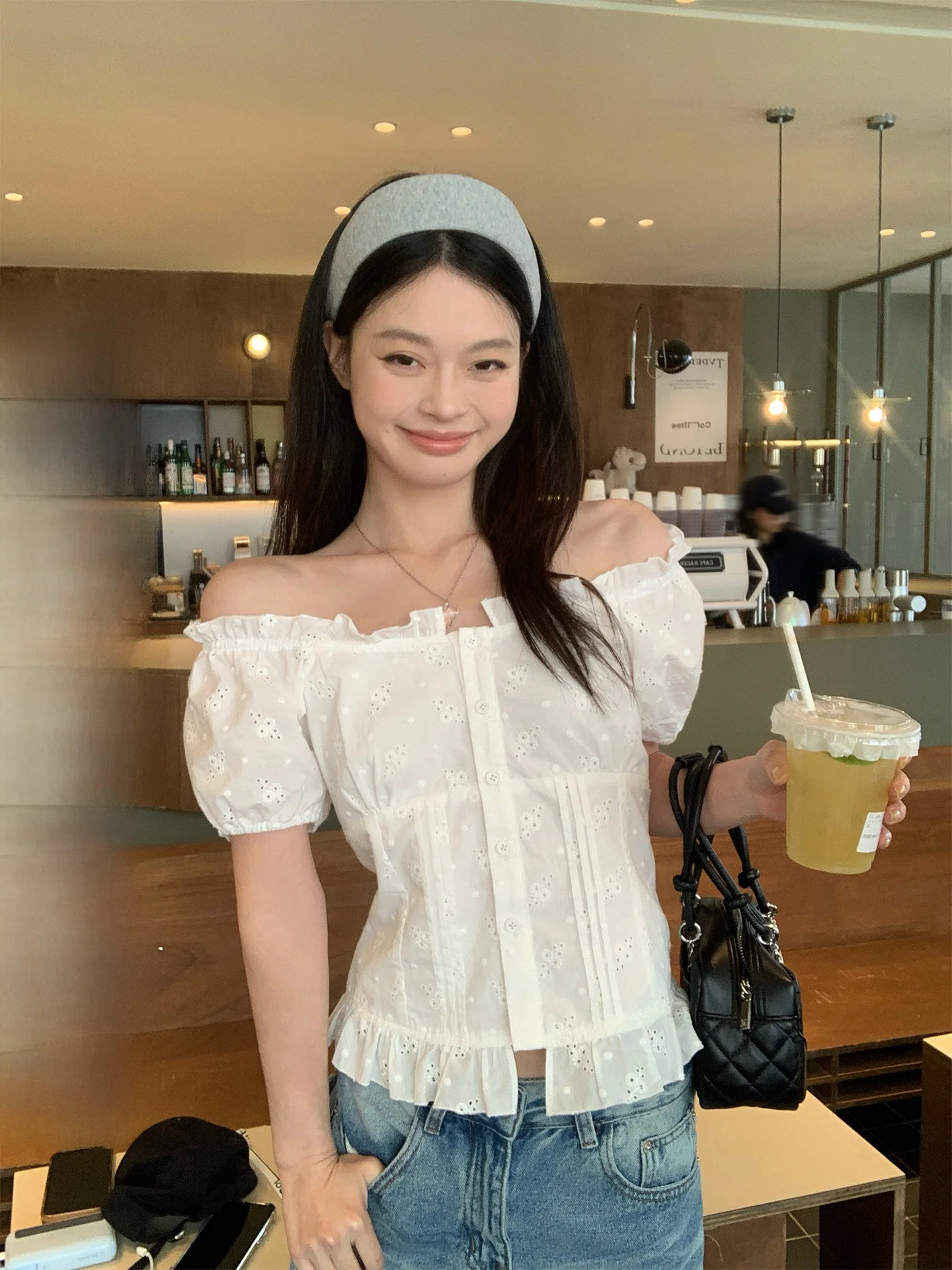 

Женская блузка Song Zhengen с белой кружевной отделкой на плечах, длинными рукавами-фонариками, весенняя новинка в корейском стиле, приталенный крой