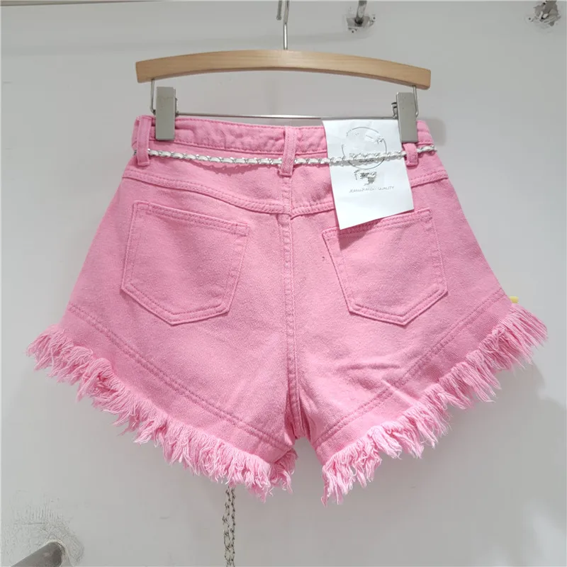 Colorful Flowers Decoration Denim Shorts 2024 Summer New Loose Women's High Waist Slimming Raw Edge A- Line Wide-Leg Hot Pants