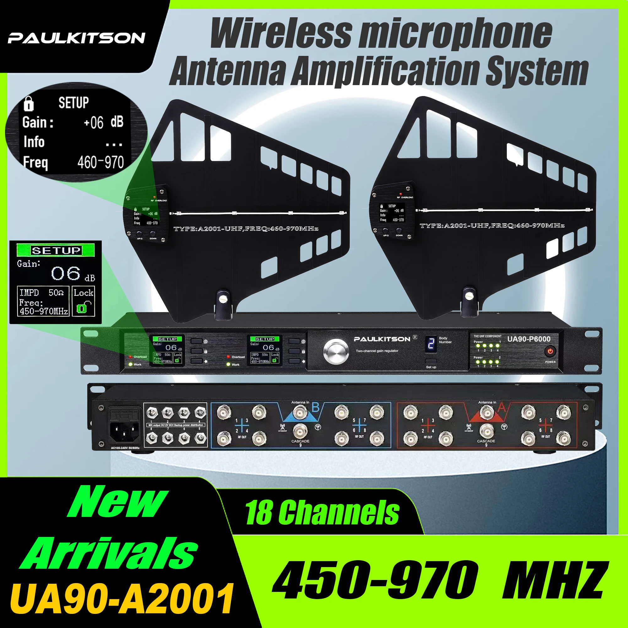 

Paulkitson UA90-A2001 Комбайнер беспроводной микрофонной антенны 18-канальная система распределения антенны Усилитель радиочастотного сигнала 450-970 МГц