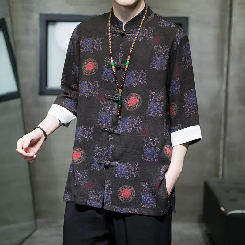 

2026 Men's Chinese Style Mid Sleeve Shirt Loose Fit Plus Size Traditional Mandarin Collar Top Lightweight Summer Casual Shirts