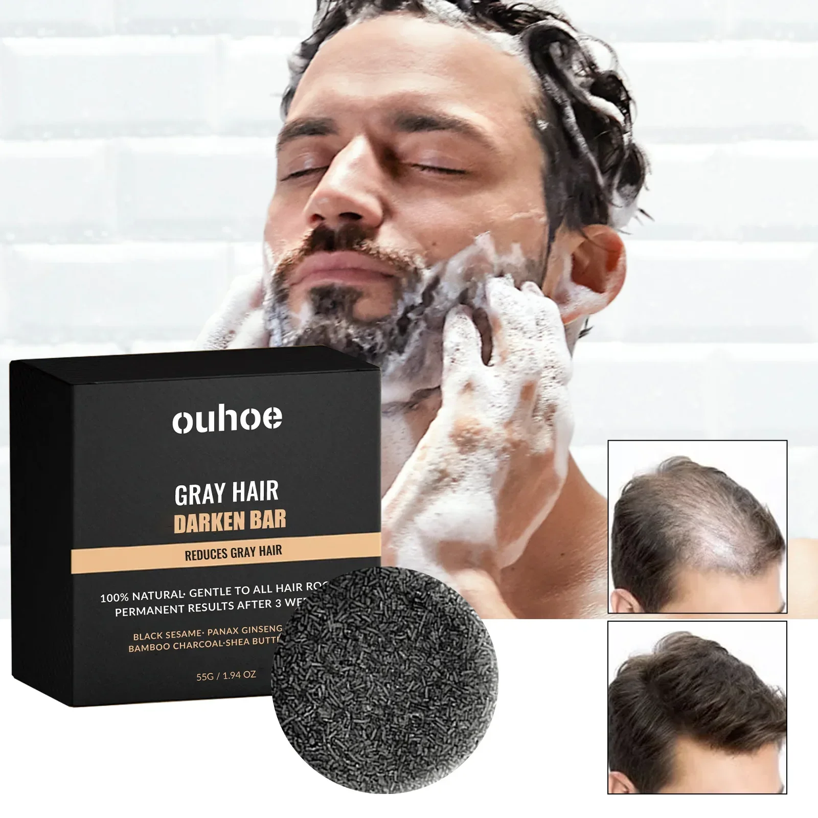 White Hair Treatment Shampoo Bar, Darkening Hair Soap for Blackening Beard and Eyebrows, Deep Cleansing and Nourishing Scalp