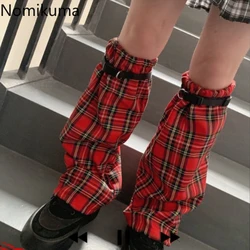 Women Red Plaid Sweet Leg Warmer Y2K Style Lady Patch Streetwear Fashion Foot Sleeve Harajuku PU Strap Korean Summer Socks 2024