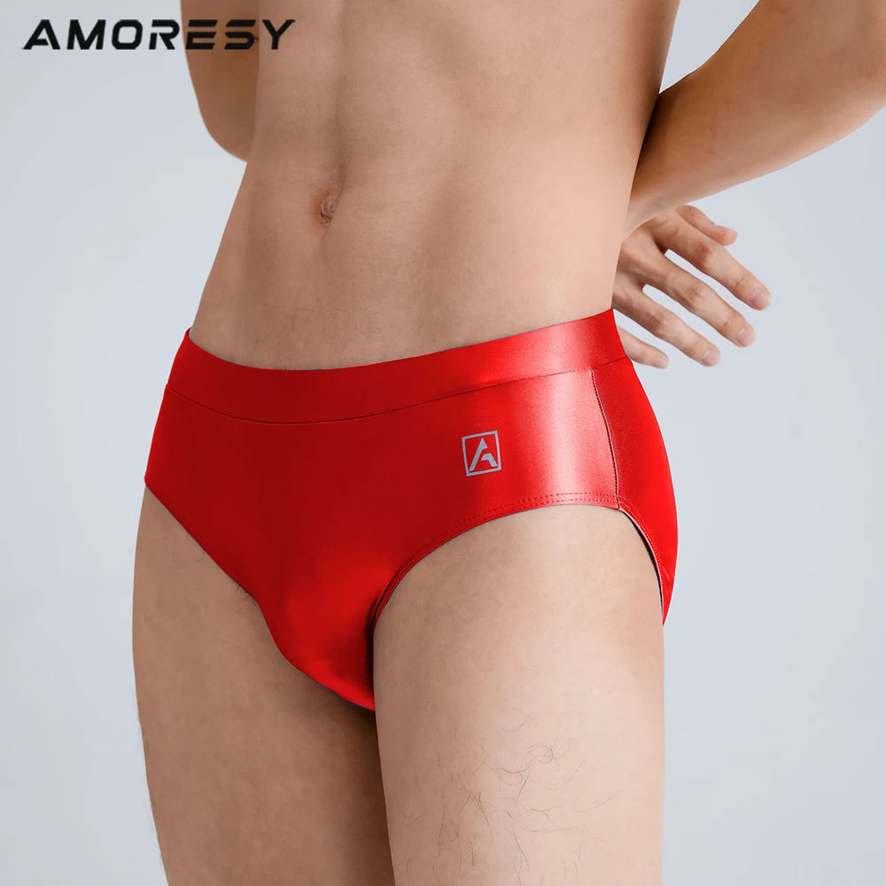 AMORESY Men Sexy Smooth Shiny Breathable Sports Underwear Low Waist Beach Stretch Soft Solid Quick Drying Briefs Swimming Trunks