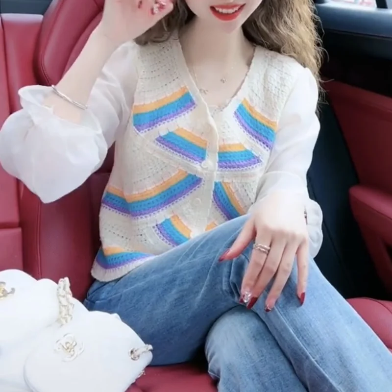 

Spring Hong Kong Knitted Short Top Unique and Super Beautiful Women Reduced Age Chiffon Sleeve Spliced Blouse Shirt Female