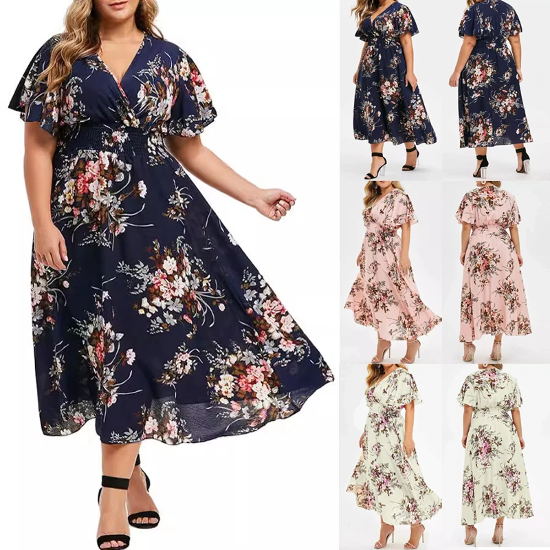 

Womens Boho 2024 Women Casual Floral Print Midi Dress Short Sleeve Ladies V Neck Summer Sexy Beach Sundress Fashion Streetwear