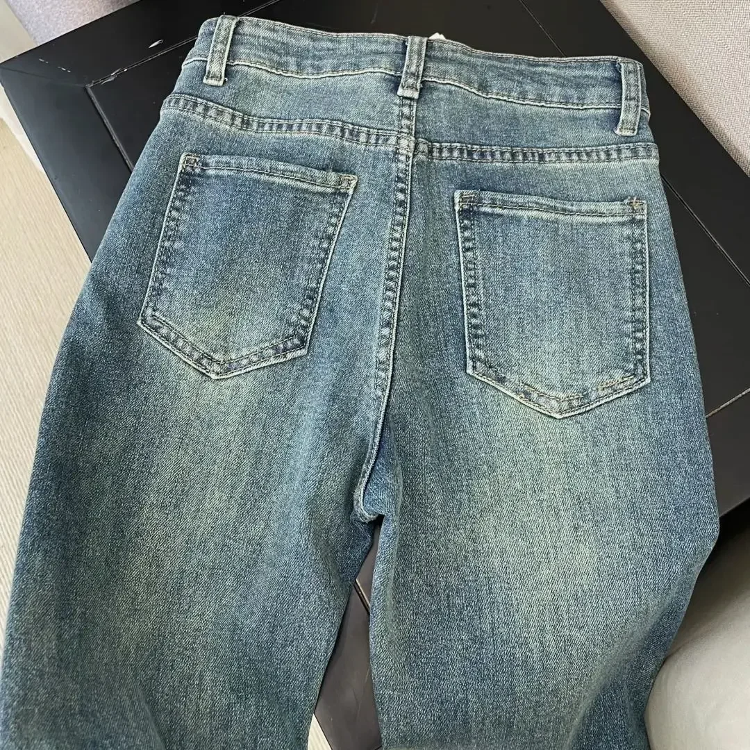 Spring Washed Diamond-encrusted Jeans Women's Retro Design Sense High-waisted Straight-leg Pants Loose Wide-leg Mopping Pants