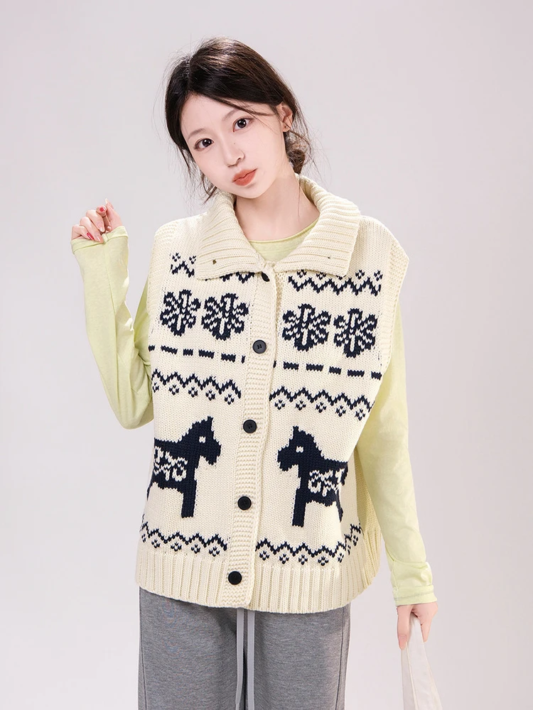 

Loose Knitted Sleeveless Vest Cardigan Women's Style Artisanal Simple Stand Collar Pattern Spring Fashion Regular Length