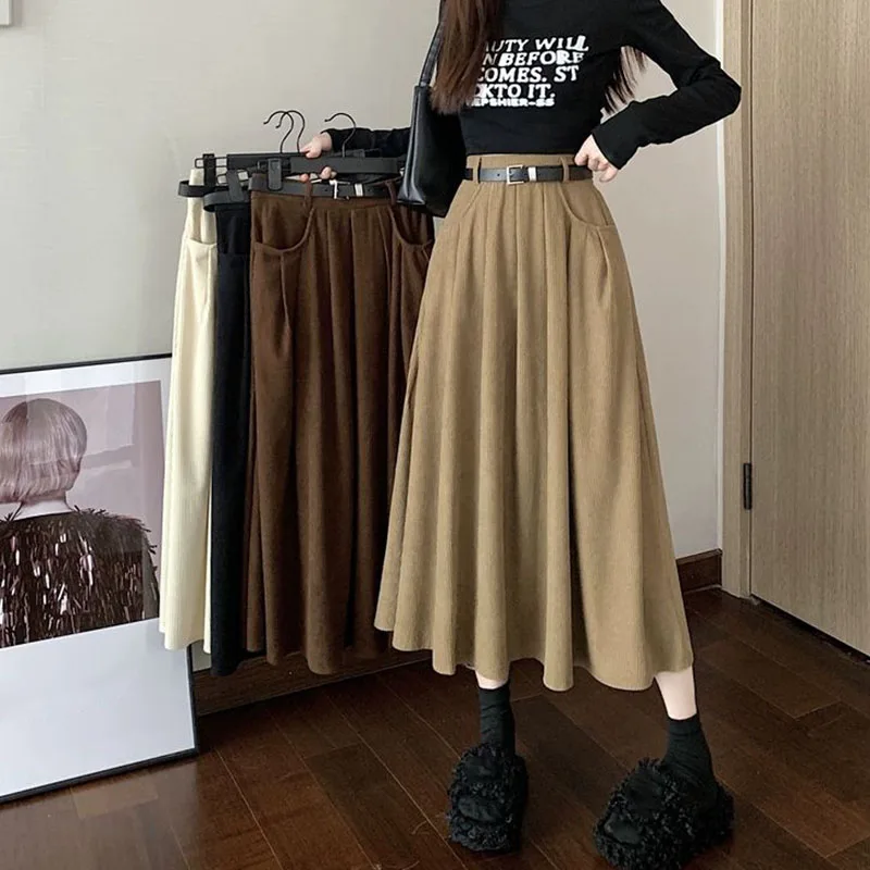 

Lucyever Retro Corduroy A-Line Skirts Women Korean Fashion High Waist Pocket Pleated Skirt Woman Autumn Winter Street Long Skirt