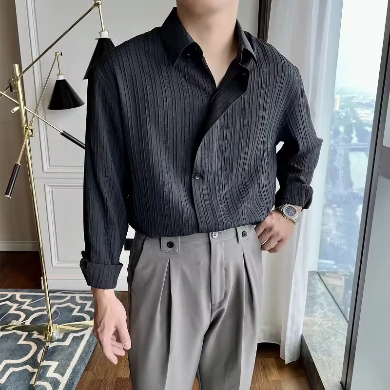 

2025 Japanese New Fashion Men's Casual Trendy Solid Color Turn-down Collar Long Sleeve Loose Pleated Shirts Male Clothes Tops