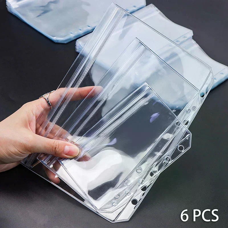 6PCS A5/A6/A7 6 Holes 3-layer Double-sided Binder Pockets ,Transparent Zipper Folders And Side Open Folders, Waterproof PVC