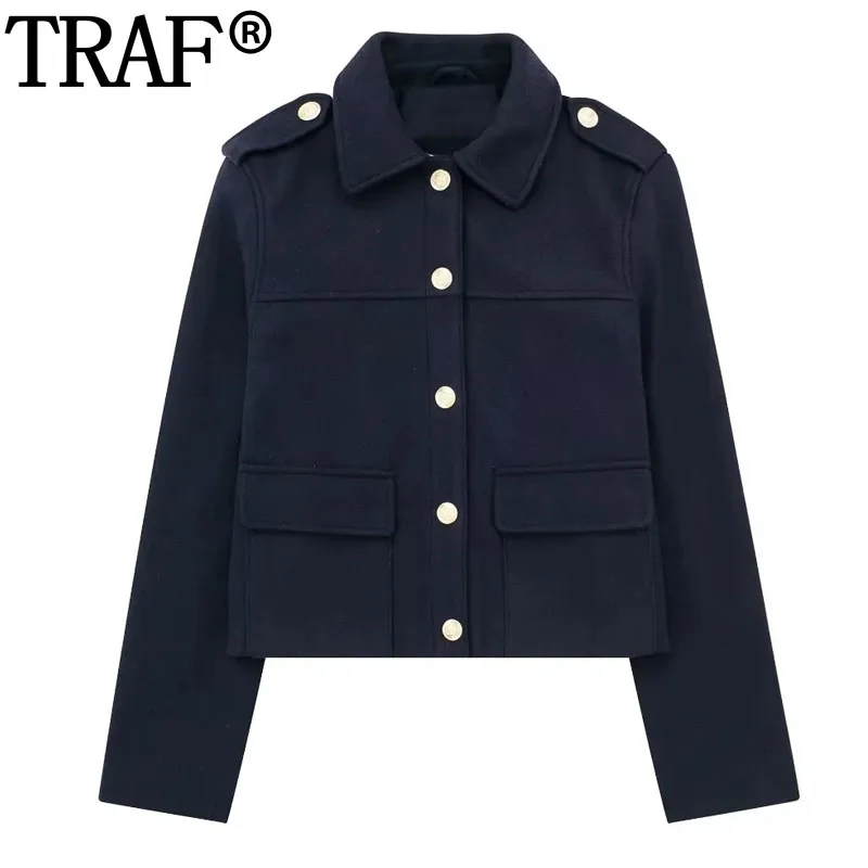 

TRAF Gold Button Cropped Jacket Women Soft Autumn Jacket Woman Fashion Long Sleeve New In Outerwears Y2K Blue Short Coats