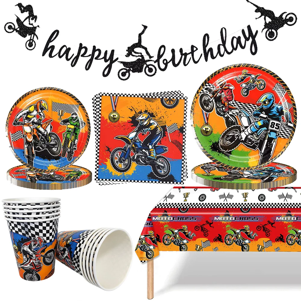 Vaisselle à thème moto, assiettes de fête, serviettes, tasses, ballons de moto, décorations de fête