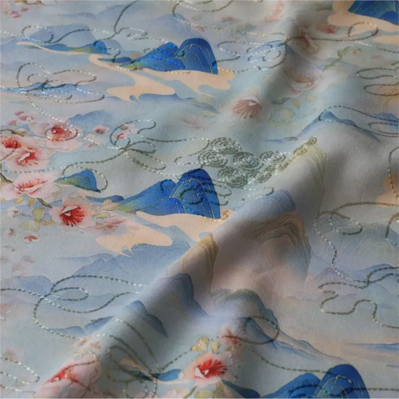 النمط الصيني التقليدي ألف ميل من الأنهار والجبال، قماش مطبوع مطرز باللؤلؤ، شاش كلاسيكي معطر بالحبر #4