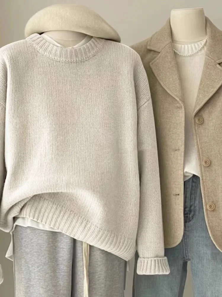 

Свитер из 100% чистого кашемира с круглым вырезом для женщин на осень и зиму, свободный высококачественный толстый зимний свитер с низом Joker