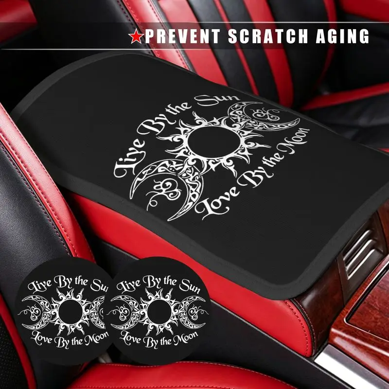 1Pc Car Armrest Cover 2Pcs Cup Coasters Sun Moon Tribal Print Prevent Scratch Car Accessories For Sun Moon Lovers