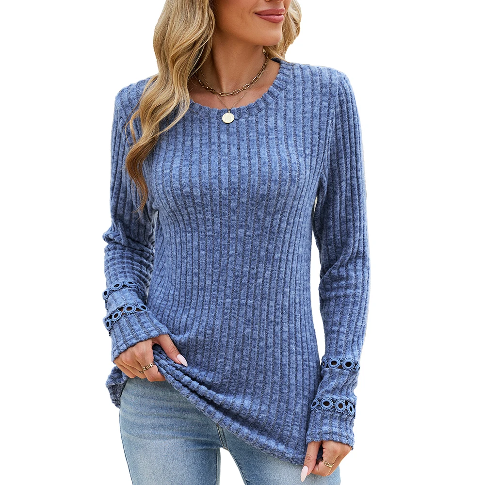 Brushed Polyester Womens Solid Top Round Neck Ruffle Loose Long Sleeve for Vacation Holiday Beach Cycling Summer Use