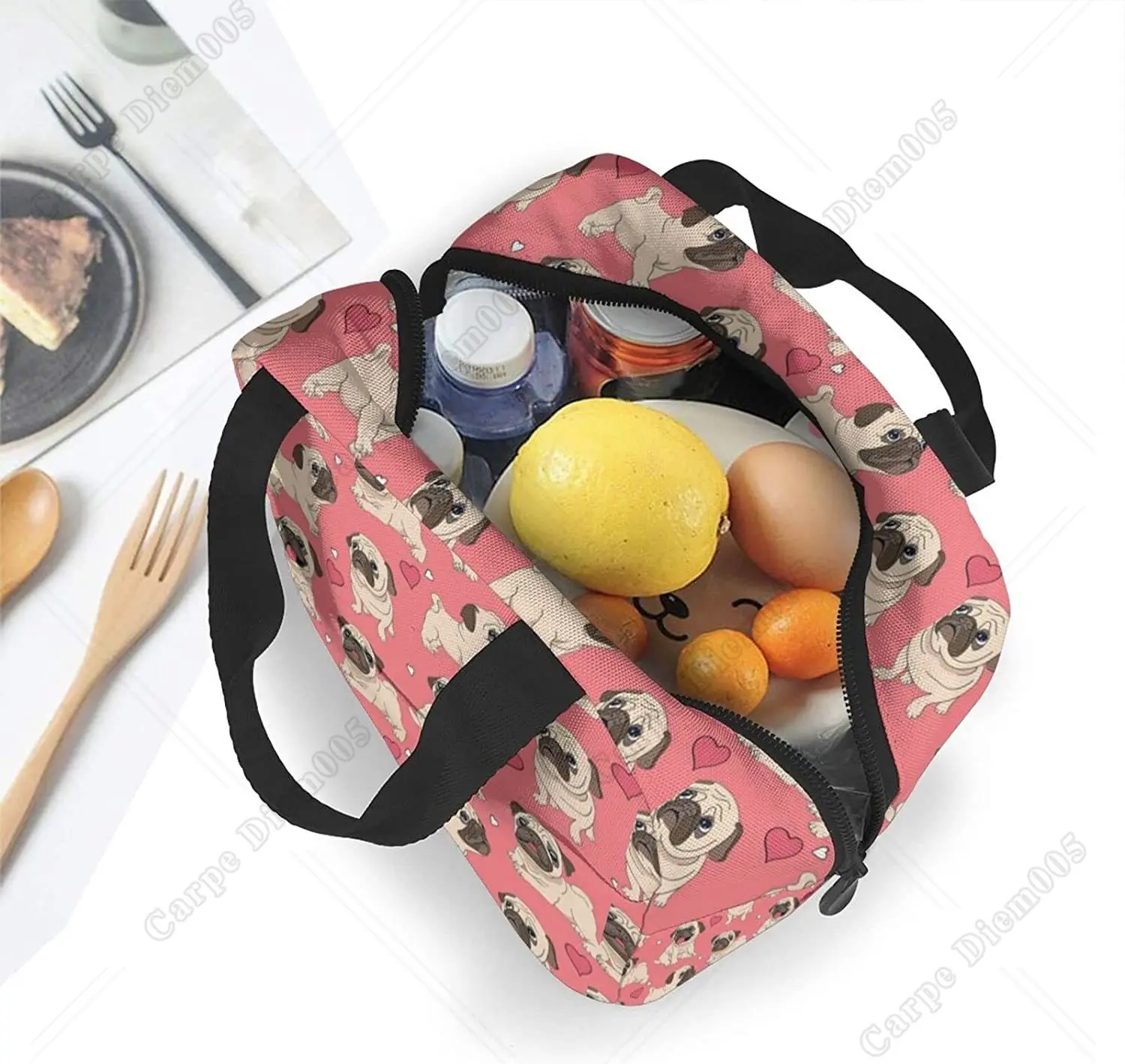 Cute Puppy Pug Dog Lunch Bag Box for Girls Women school Insulated Lunch Bag Reusable Portable Waterproof Cooler Travel Picnic