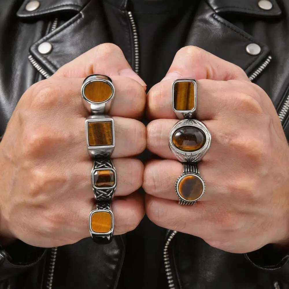 Punk Tiger Eye Stein Siegelring für Männer, Vintage Edelstahl Naturstein Runder Quadratischer Ring, Stilvoller Lässiger Männerschmuck