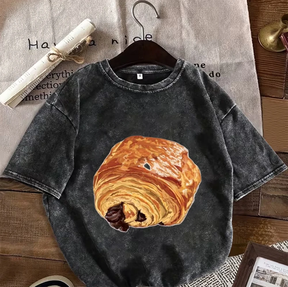 Camisetas negras con estampado de pan para amantes del pan, con diseños de cruasanes en acuarela, repostería de chocolate y tostadas lindas para amantes de la comida, estilo Y2K Harajuku
