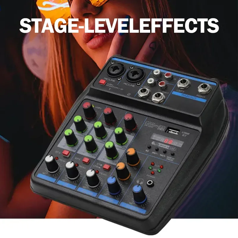 

4 channel Mixer DJ Mixing Console with Bluetooth 48V Phantom Power Monitor Karaoke System USB Mixer Audio
