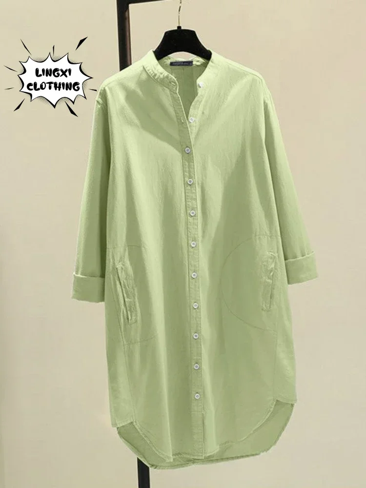 Mode Neue Elegante Solide Baumwolle Leinen frauen Hemd Einreiher Rundhals Casual Pendler Stil Mid Länge Hemd