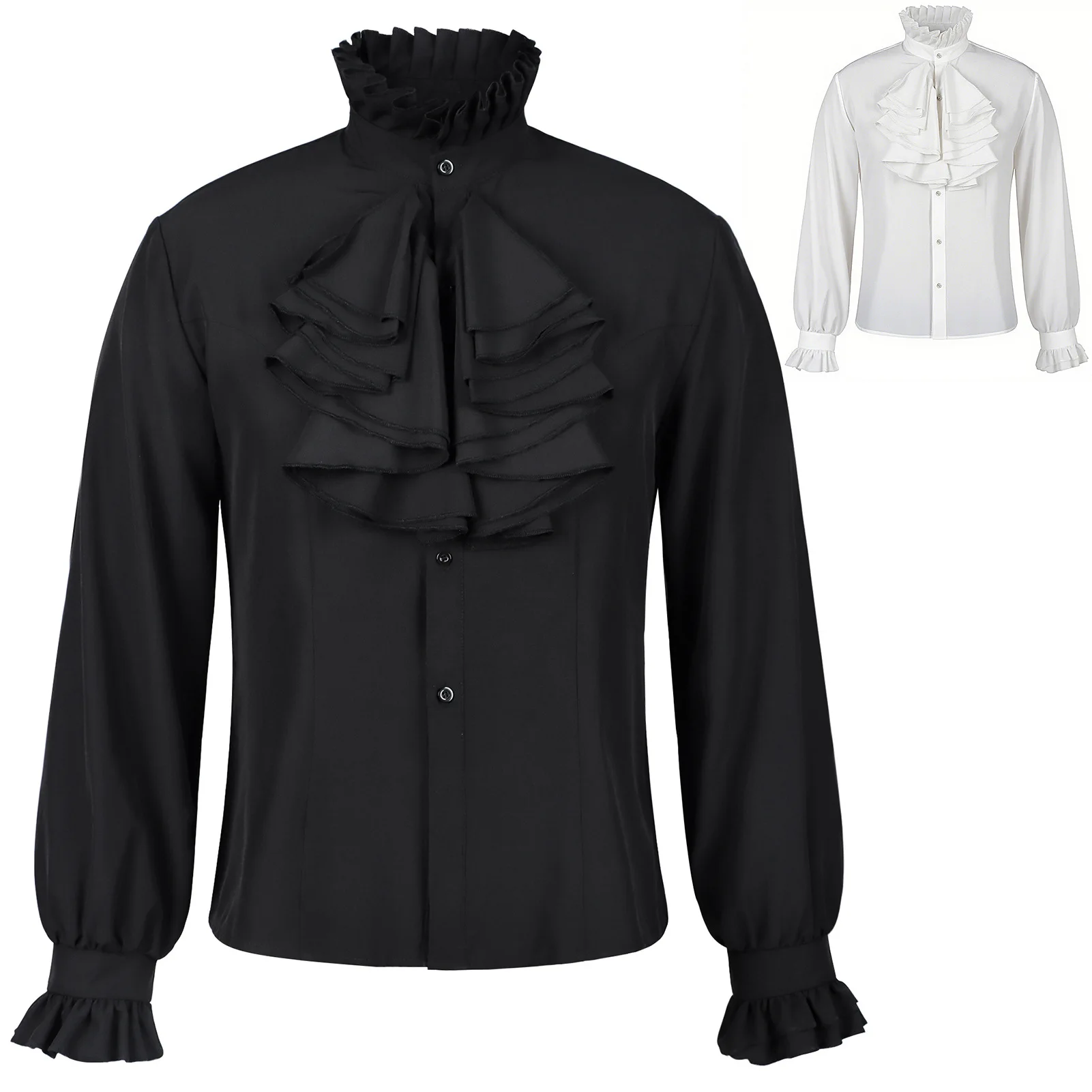 

Мужские рубашки и блузки в викторианском стиле эпохи Возрождения, однотонные черные, белые, готические, с рюшами и воротником-стойкой, средневековая блузка, топы, рубашка