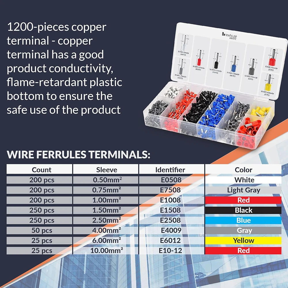 Ferrule Crimping Tool Kit,Wire Crimper Tool, Secure Wire Ferrule Nylon Container with 1200 Electrical Wire Connectors