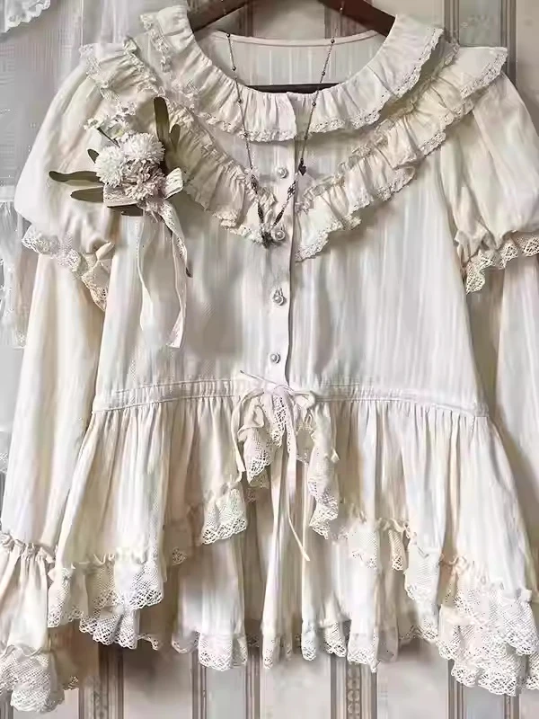 Sweet Lolita Versatile Long Sleeve Autumn Winter Bottoming Shirt Girls Detachable Sleeves Temperament Lace Peter Pan Collar Top