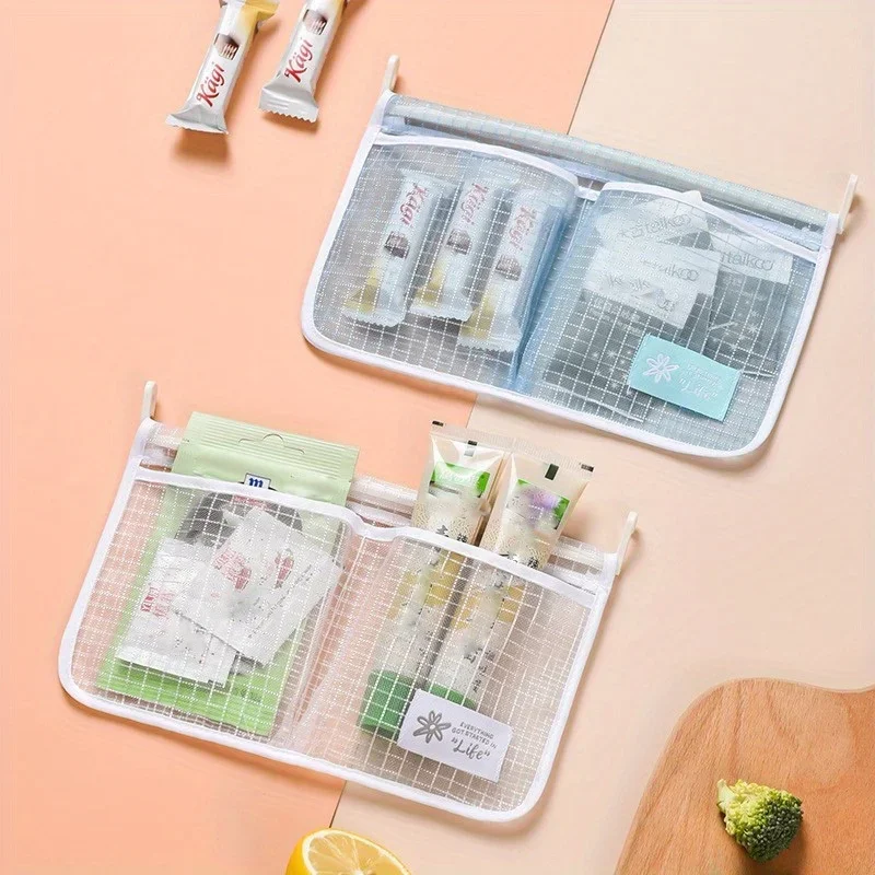 1pc Refrigerator storage hanging bag, mesh , fabric hanging style bathroom storage mesh bag, seasoning bag,